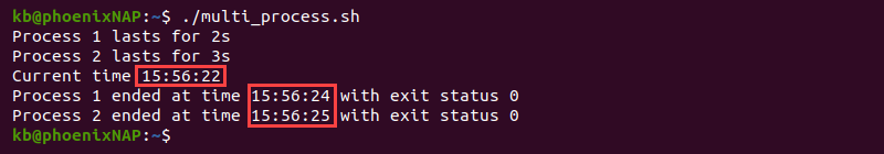Output of multiple processes wait bash script with PIDs