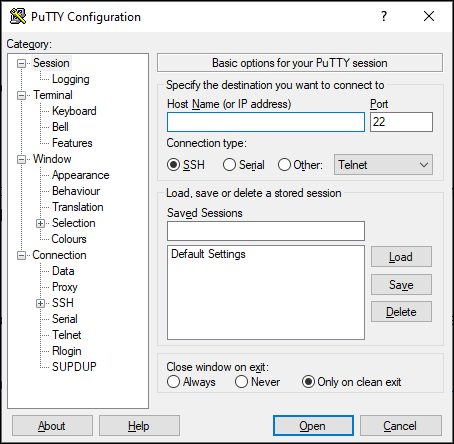 The PuTTY SSH client on Windows