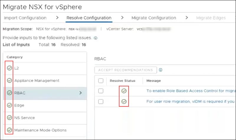 Resolve configuration step NSX-T UI with green checks