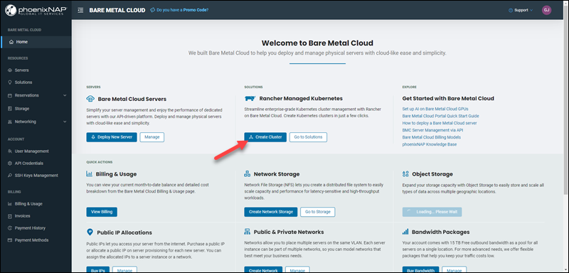 The Create Cluster button on the Home page of the BMC Portal.