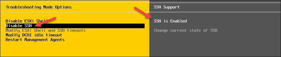 DCUI menu showing SSH enabled 