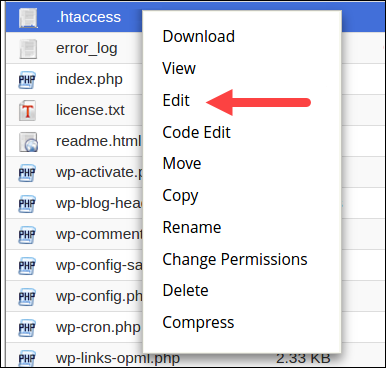 Edit the .htaccess file in cPanel.