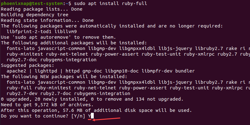 Confirming the Ruby installation using the official repository