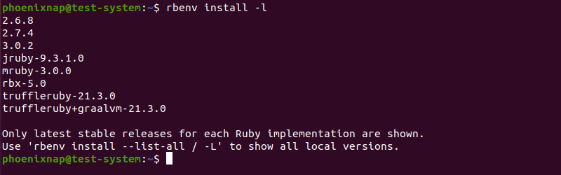 Listing all versions of Ruby available through Rbenv