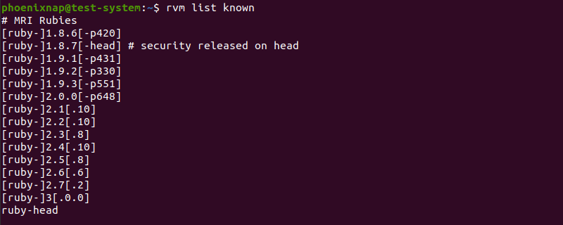 Listing all versions of Ruby available through RVM