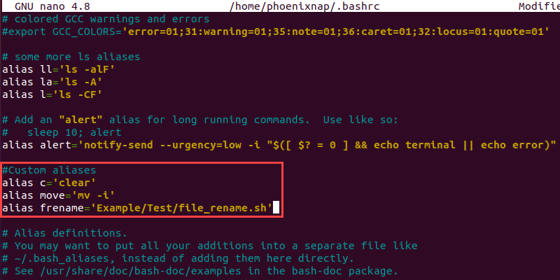 Adding custom aliases to the bash configuration file