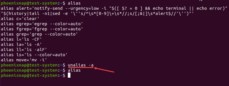 Removing all aliases using the unalias command