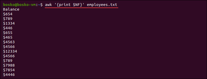 Example of the NF variable in awk.