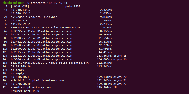 Tracepath command terminal output