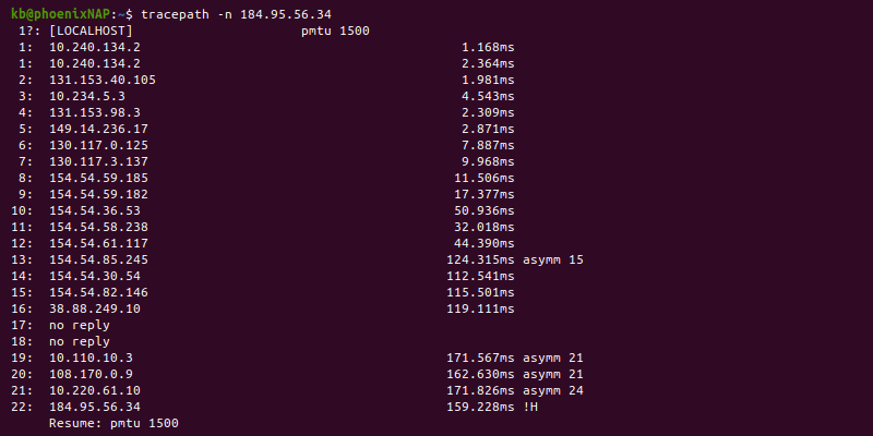 Tracepath -n command terminal output