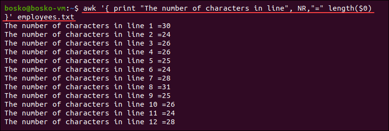 An example of using awk to count character number in each line of a file.