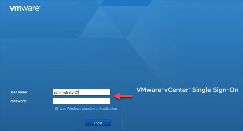 vCenter login window