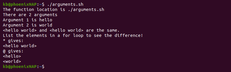 arguments.sh output in terminal