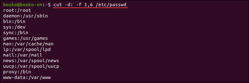 Filtering the /etc/passwd file output using the cut command.