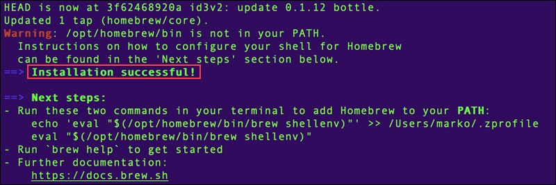 Homebrew installation script completes successfully.
