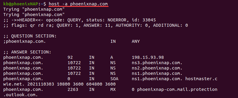 host -a phoenixnap.com terminal output