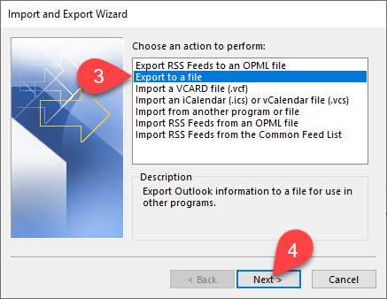 Import and Export Wizard - selecting Export to a file.