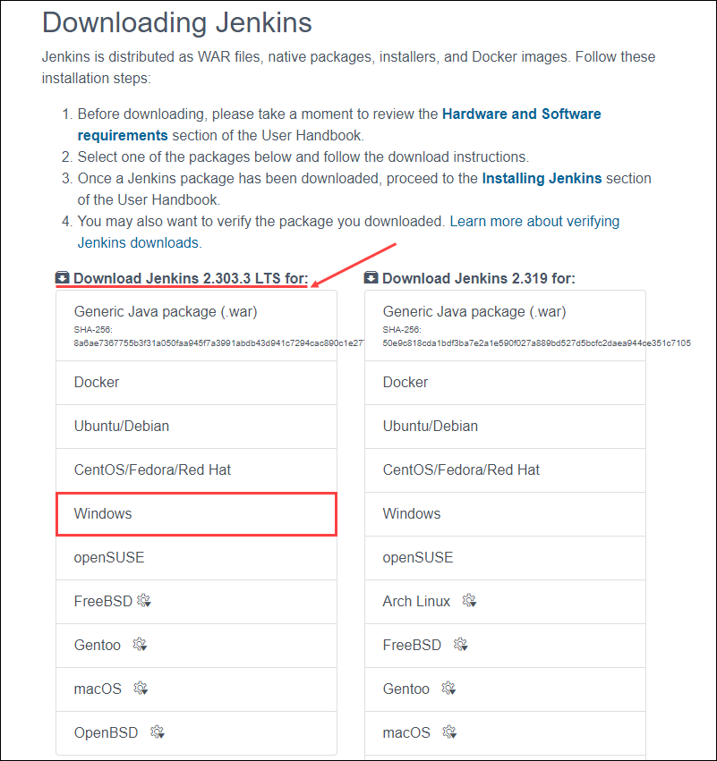 Downloading the Windows installation file from the Jenkins website