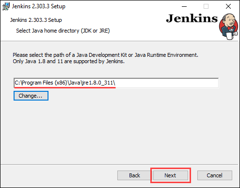 Selecting the Java install directory