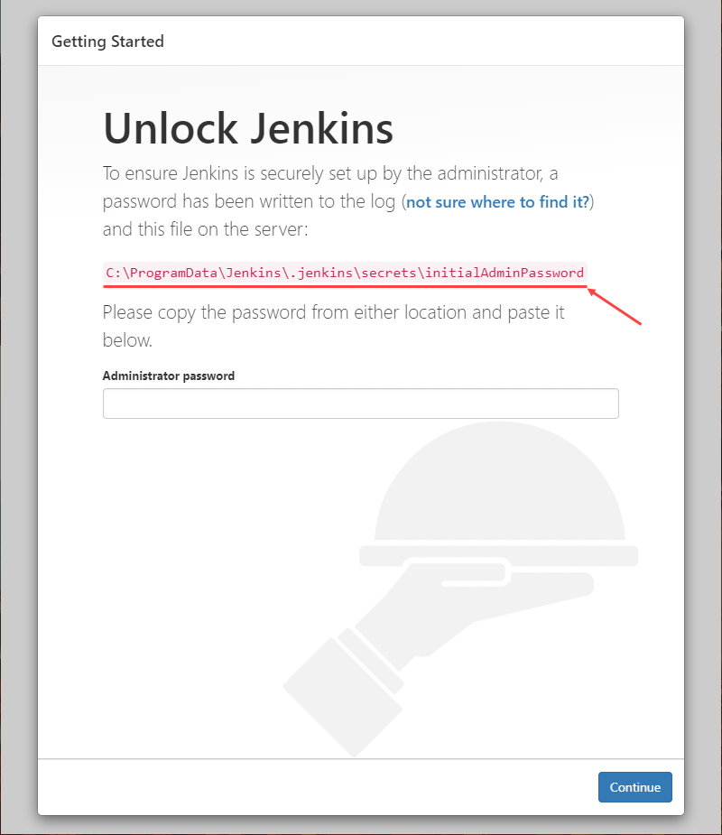 The Unblock Jenkins page shows the path to the file with the administrator password