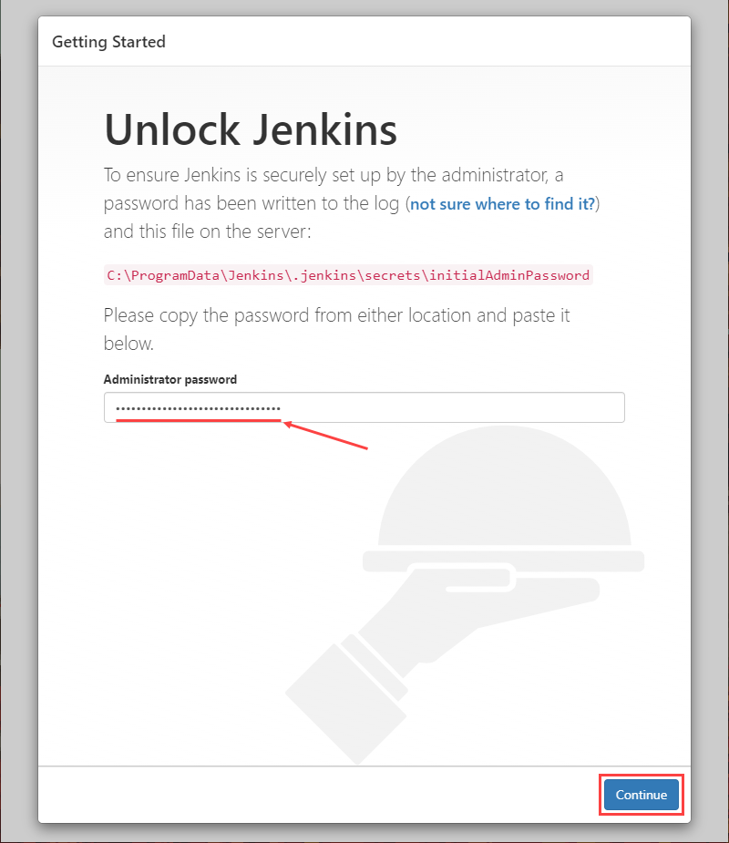 Entering the administrator password on the Unblock Jenkins page