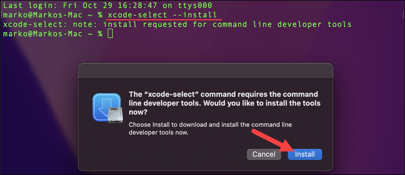 Install Xcode command line tools on macOS.