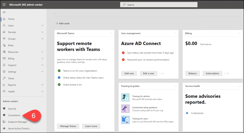 Selecting Compliance in the Microsoft 365 admin center.