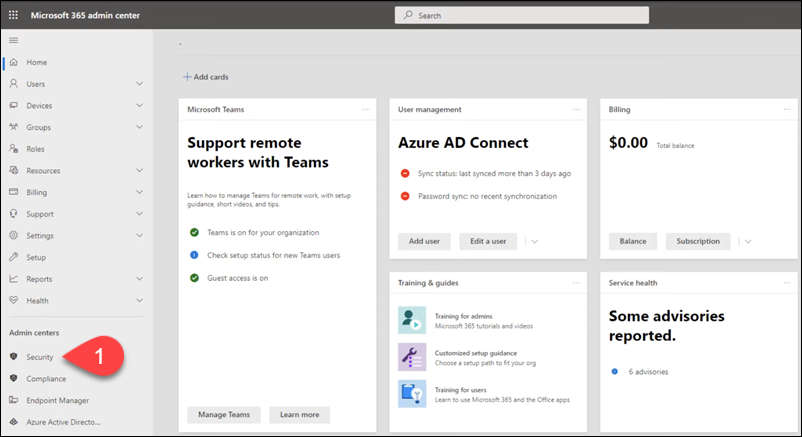 Selecting Security in Microsoft 365 admin center.