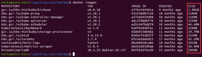 Using the docker images command to check the size of docker images.