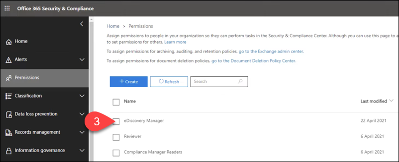 Selecting the eDiscovery Manager checkbox.