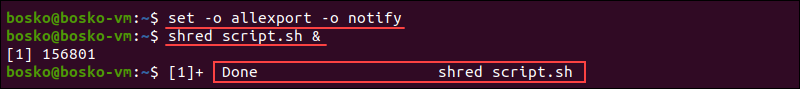 An example for the allexport and notify options of the set command.