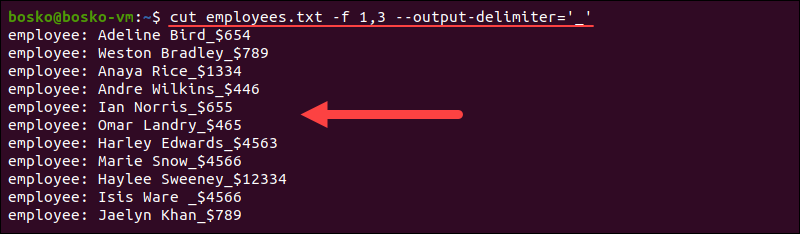 Specifying an output delimiter in the cut command.