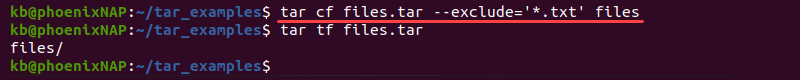 tar cf --exclude terminal output