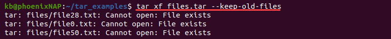 tar xf --keep-old-files terminal output