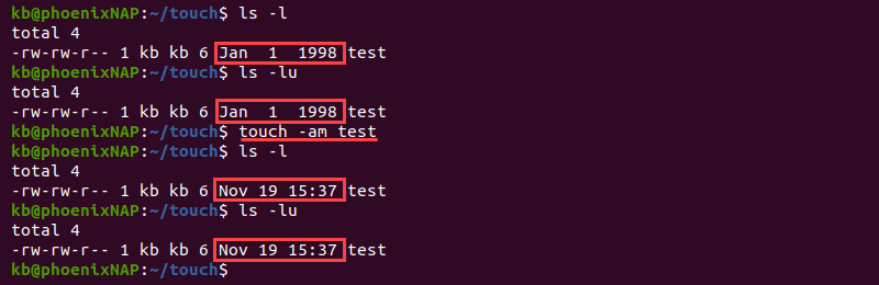 touch -am terminal output