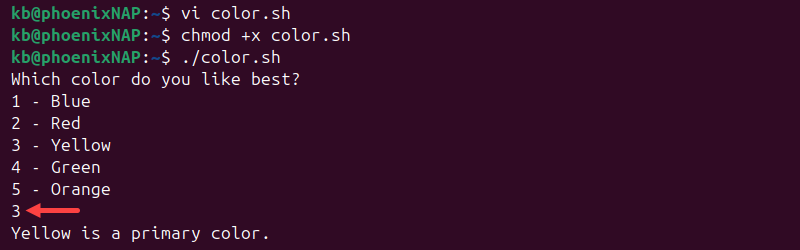 Bash case vi color.sh script terminal output