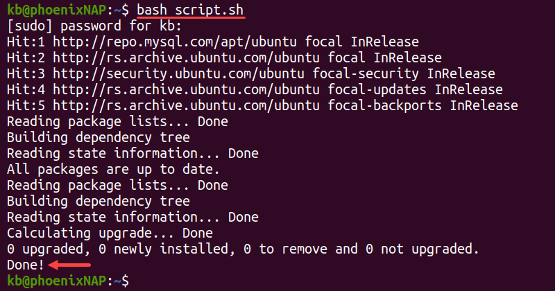 bash script.sh update script terminal output