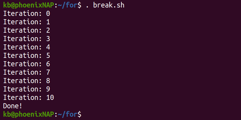break.sh terminal output