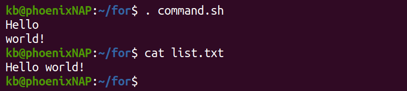 command.sh and list.txt terminal output