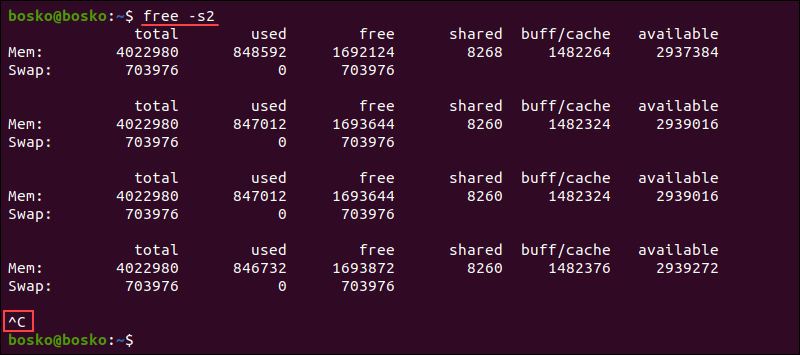 Continuously reporting memory usage in Linux with the free command.