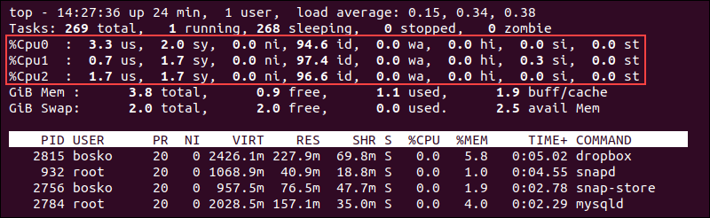 See CPU statistics using the top command.