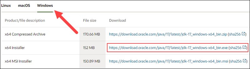 Download the Java Development Kit installation file from Oracle.