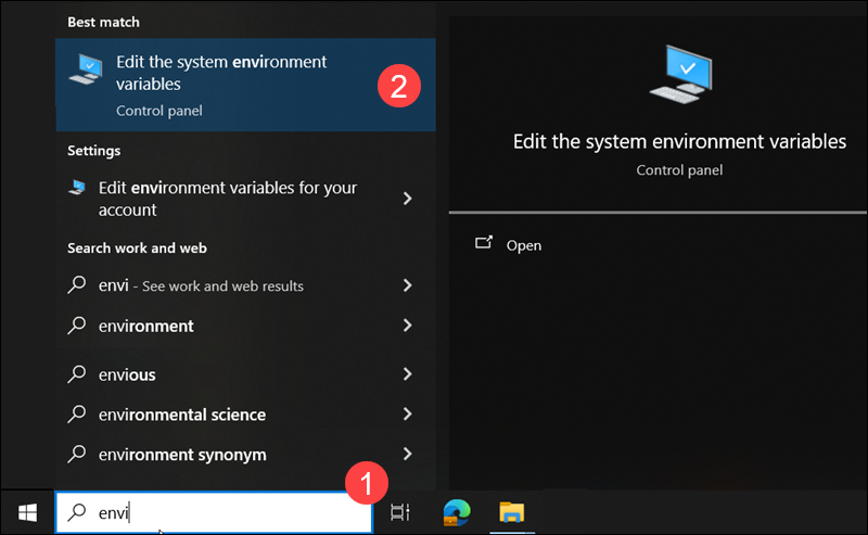 Access environment variables settings in Windows.