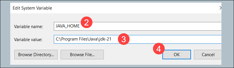 Add a new Java system variable in Windows.