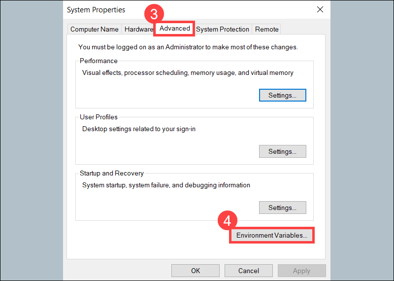 Advanced environment settings for Java in Windows.