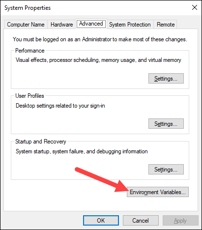 Locating the Environment variables option under System properties in Windows.