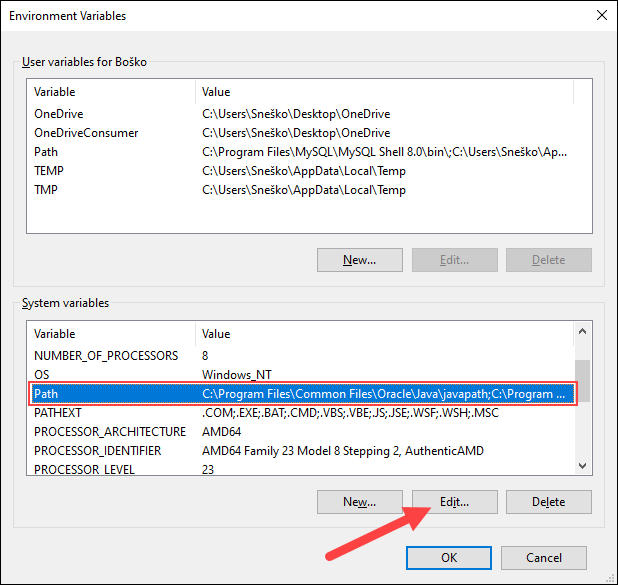 Edit the environment variables in Windows.