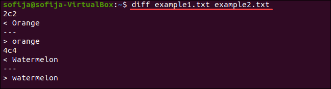 Sample of diff command output showing its case sensitivity.