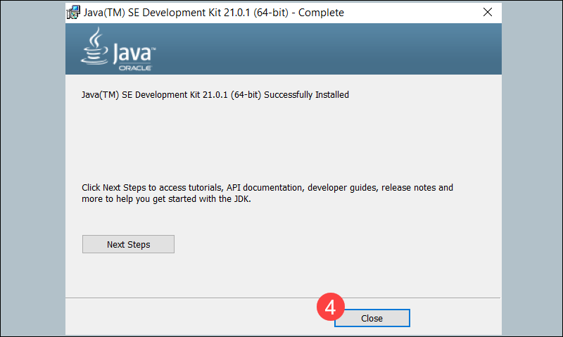 Finish Java installation in Windows.