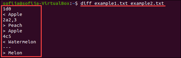 Example of Linux diff command.